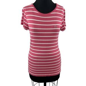 LACOSTE Women's Pink White Stripe Waffle Knit Crew Tee Short Sleeve Shirt 36 XS